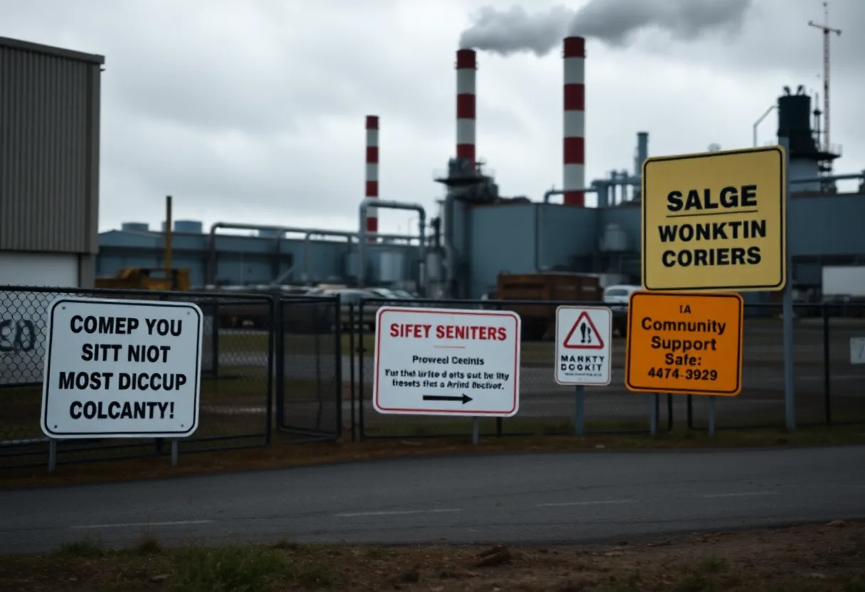 Industrial scene of Siemens plant in Charlotte with safety signs