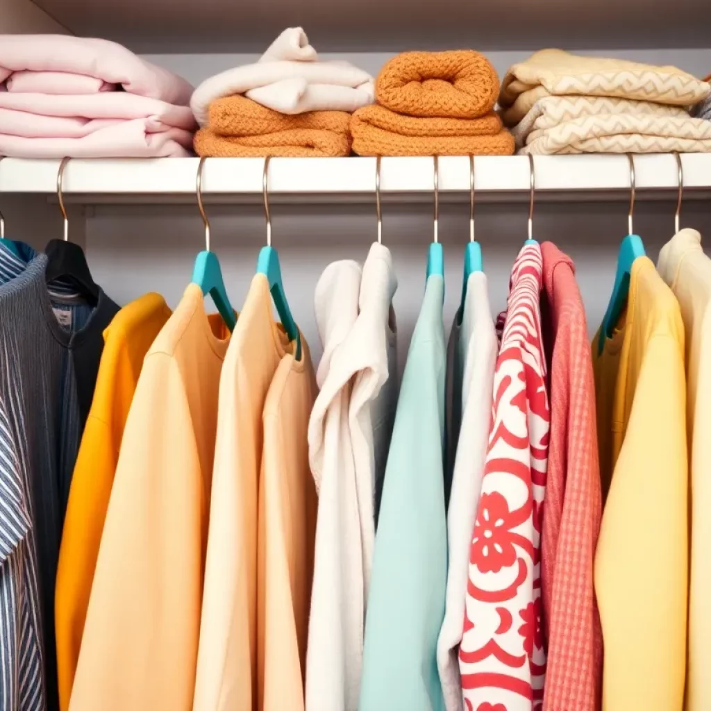 A well-organized closet showcasing colorful clothes on hangers.