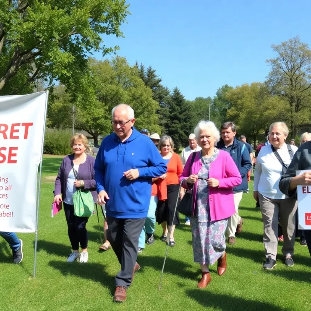 Participants in a community walk raising awareness about elder exploitation.