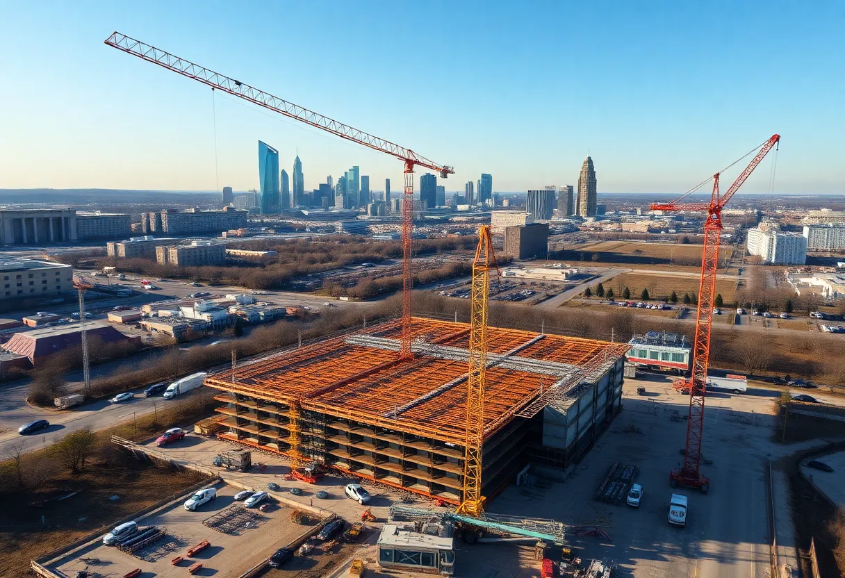 Construction site of a data center in Charlotte, NC with cranes and skyline