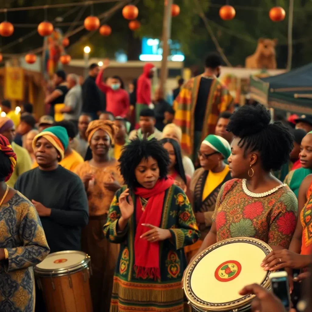 Community members celebrating Kwanzaa with cultural activities and marketplace stalls.