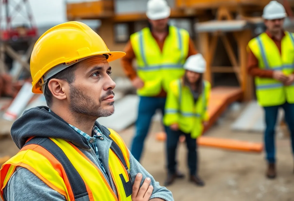 Construction worker reflecting on mental health with colleagues in the background