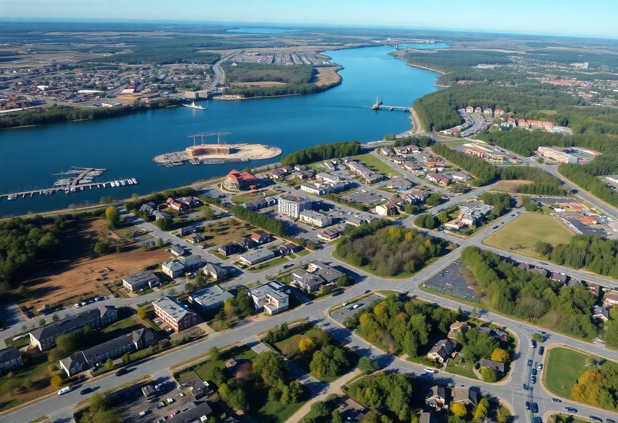 Aerial view of Mooresville's exciting developments including new homes and mixed-use projects