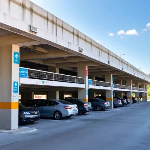 A view of a pristine precast parking structure showcasing multiple levels and clear organization.