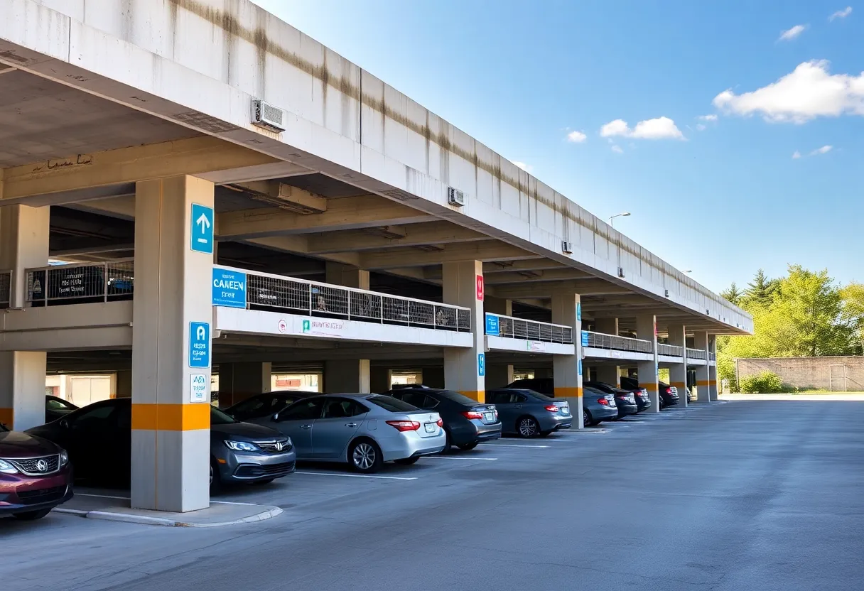 A view of a pristine precast parking structure showcasing multiple levels and clear organization.