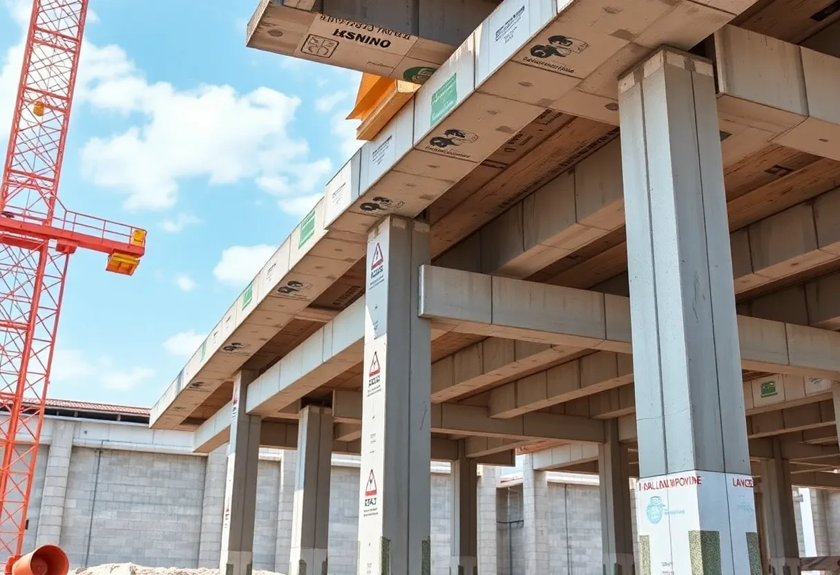 Double-tee structure with sealed joints at a construction site.