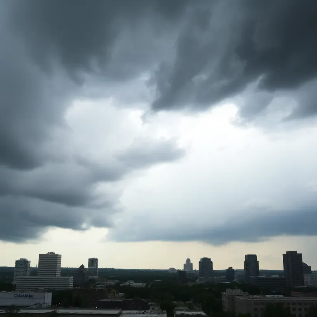 A view of a stormy sky over Charlotte with heavy rain and dark clouds.