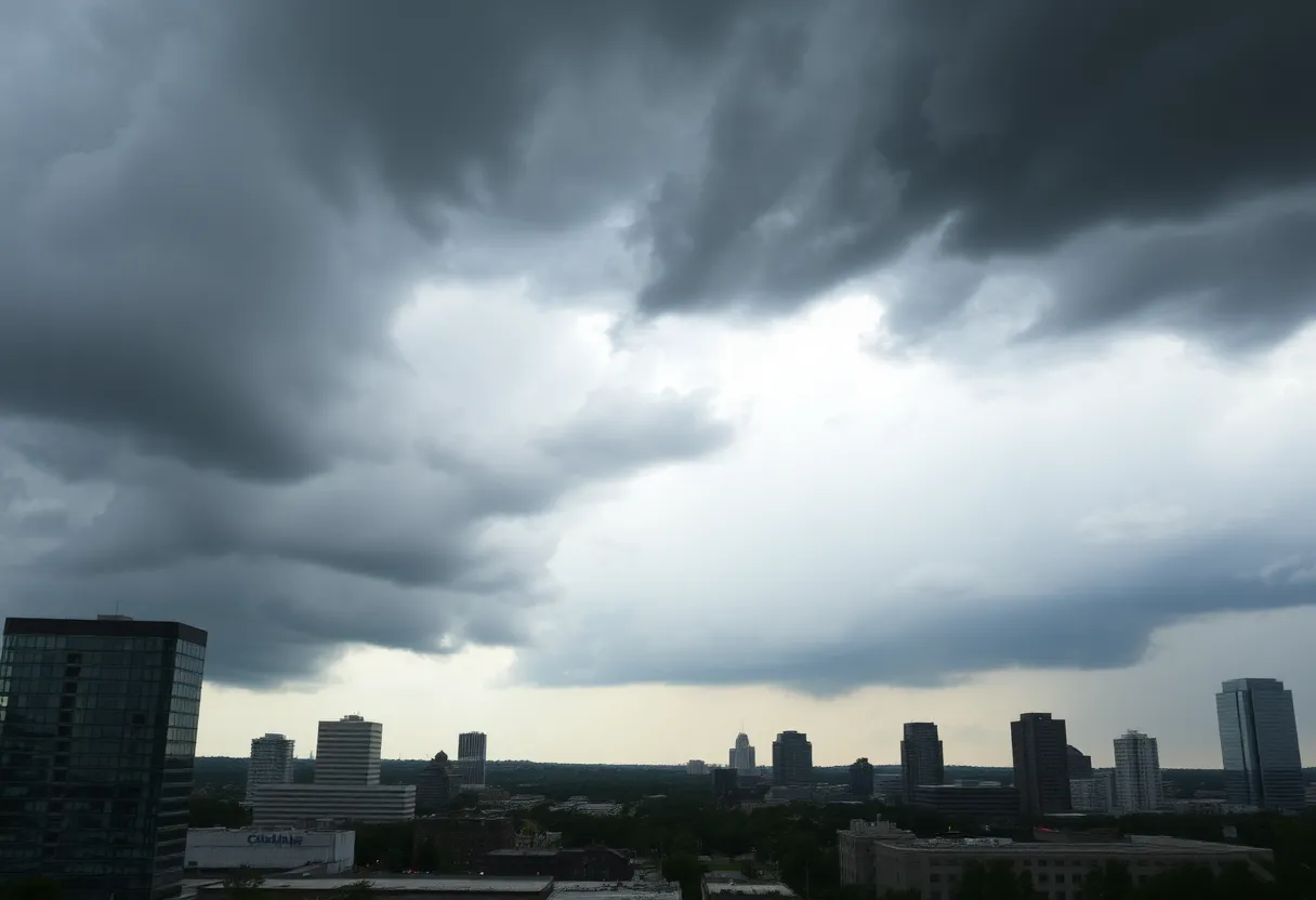 A view of a stormy sky over Charlotte with heavy rain and dark clouds.