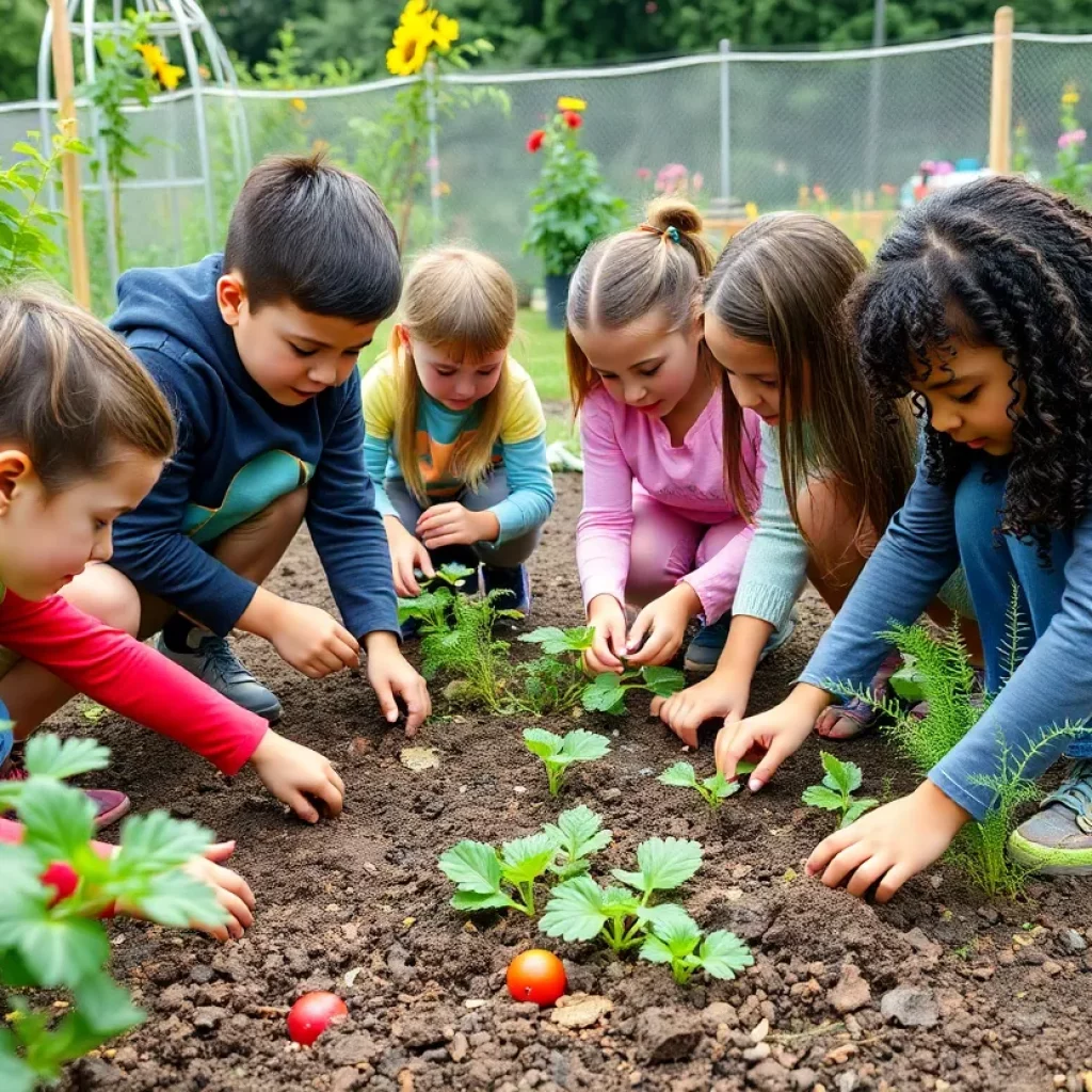 Children planting vegetables in a community garden