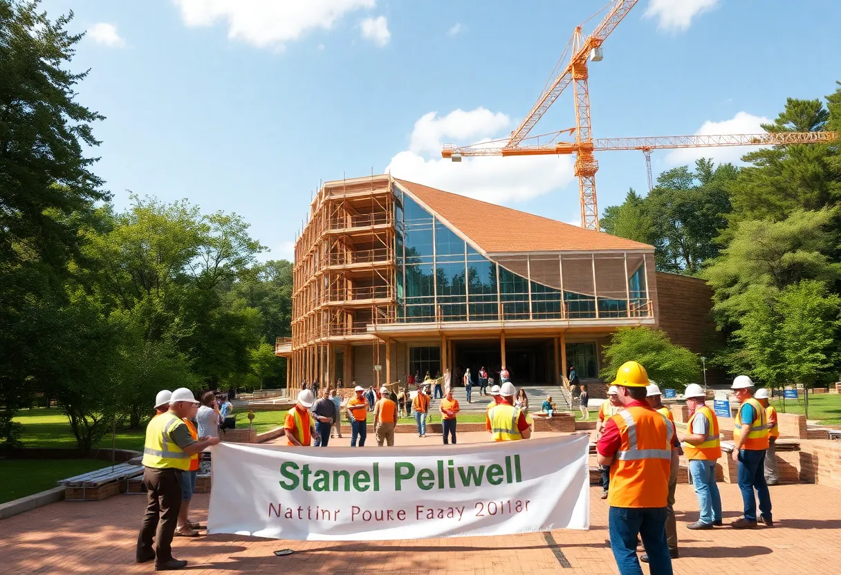 Construction workers celebrating the completion of a steel beam at the Nature Museum in Charlotte