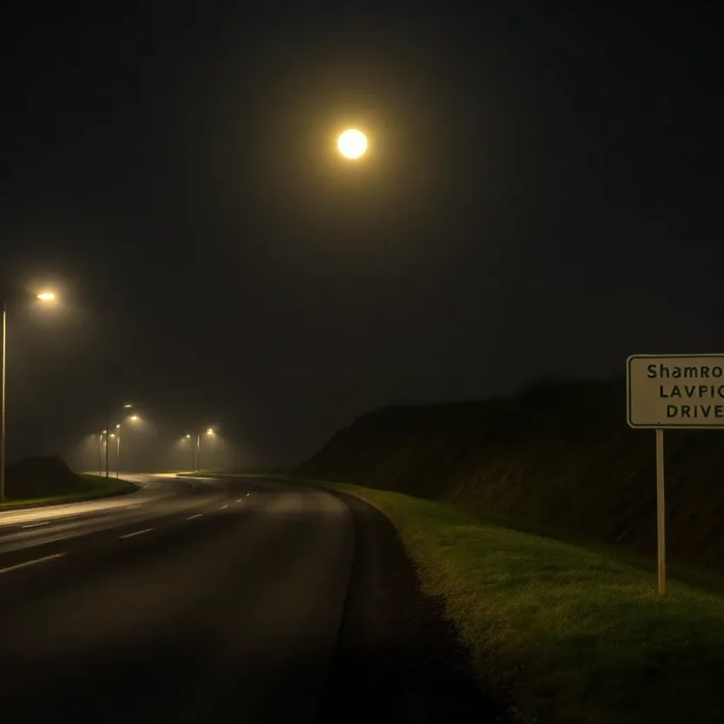 Somber view of Shamrock Drive with an emphasis on an empty road.