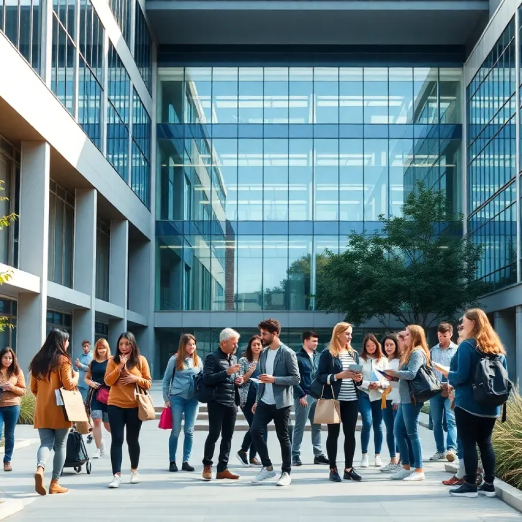 Students discussing on a university campus