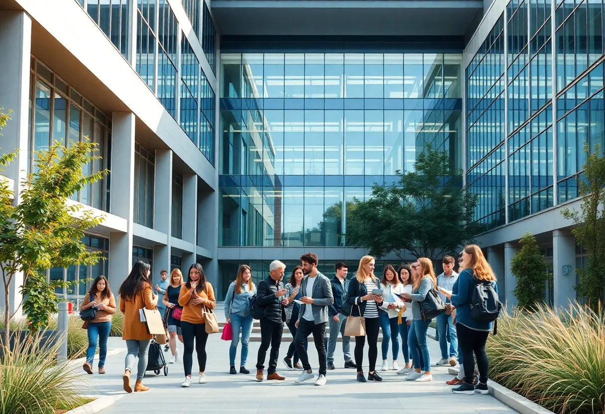 Students discussing on a university campus