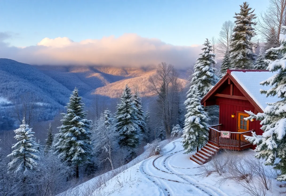 Snow-covered mountains in North Carolina under a winter sky