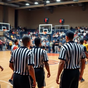 Energetic basketball game with players and referees