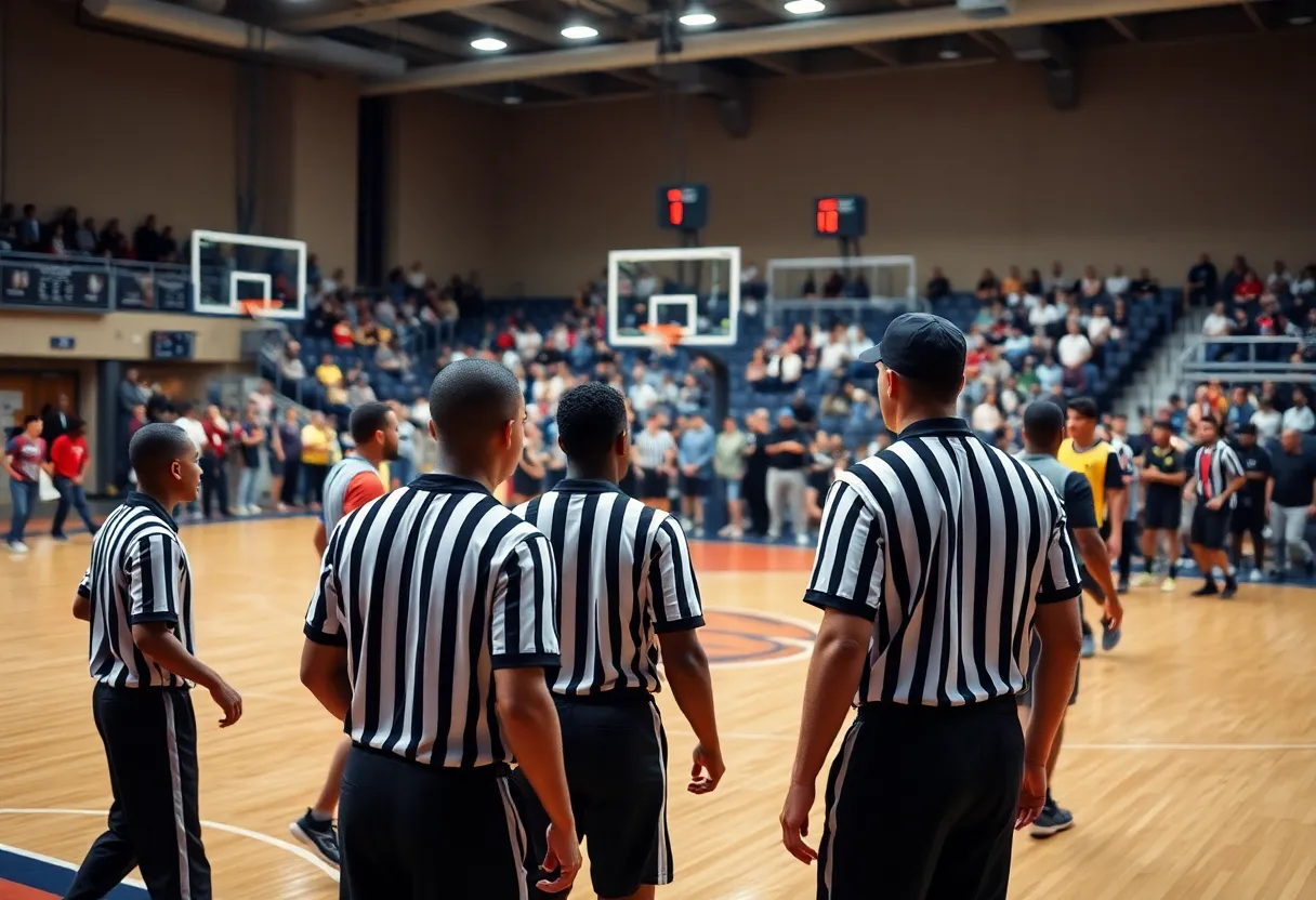 Energetic basketball game with players and referees