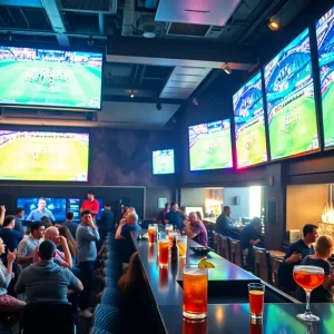 A bustling sports lounge with large screens and cheering fans