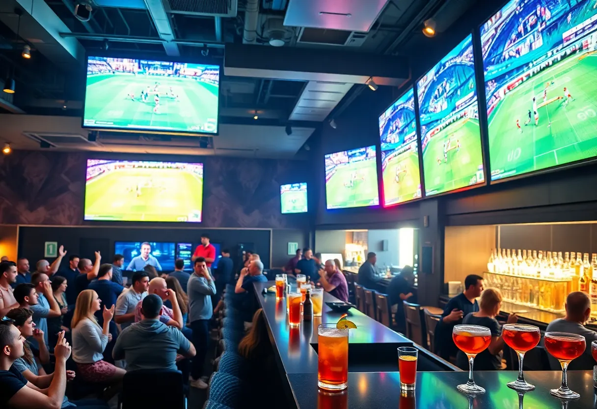 A bustling sports lounge with large screens and cheering fans