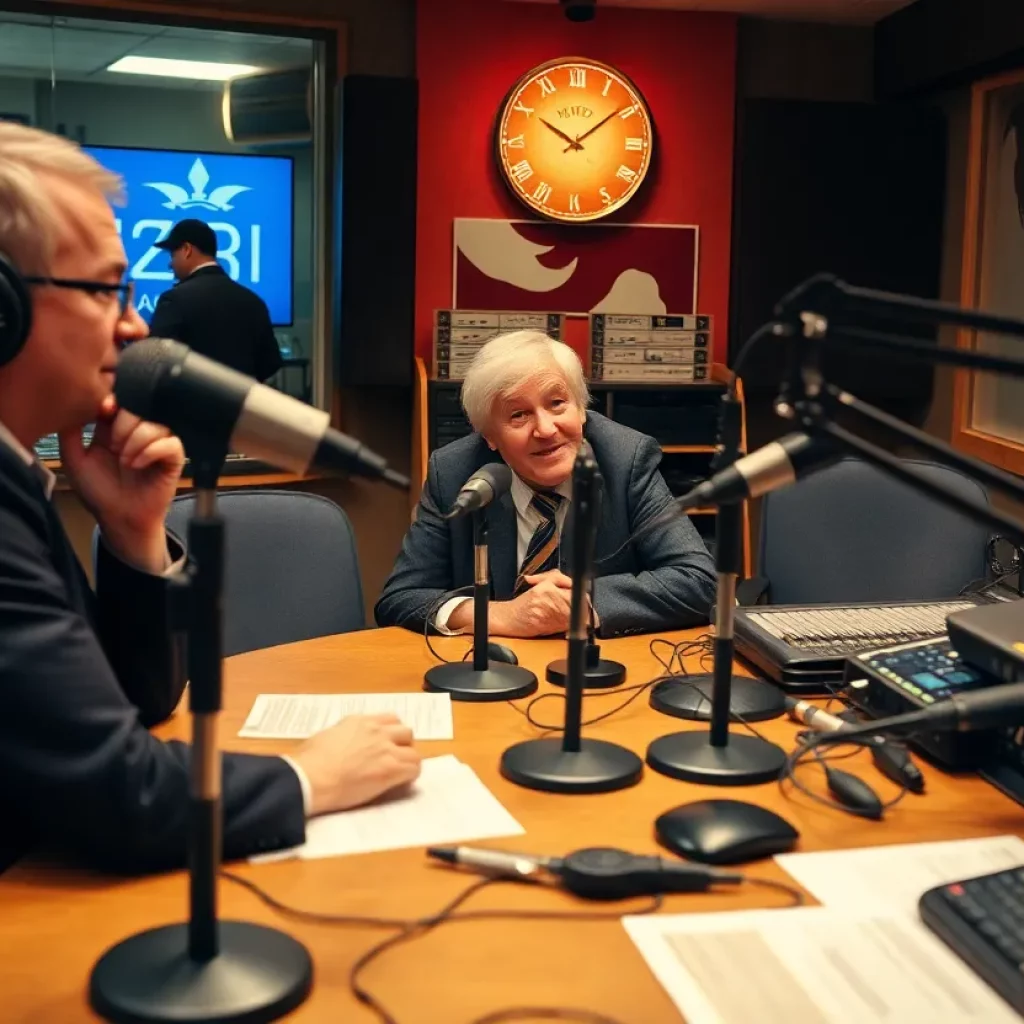 Radio studio with microphones and nostalgic decor for Bob Lacey's farewell