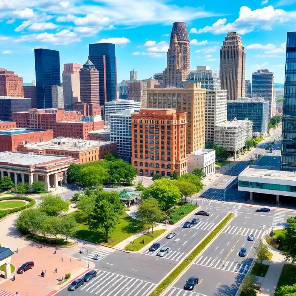 Panoramic view of Charlotte city skyline with modern architecture.