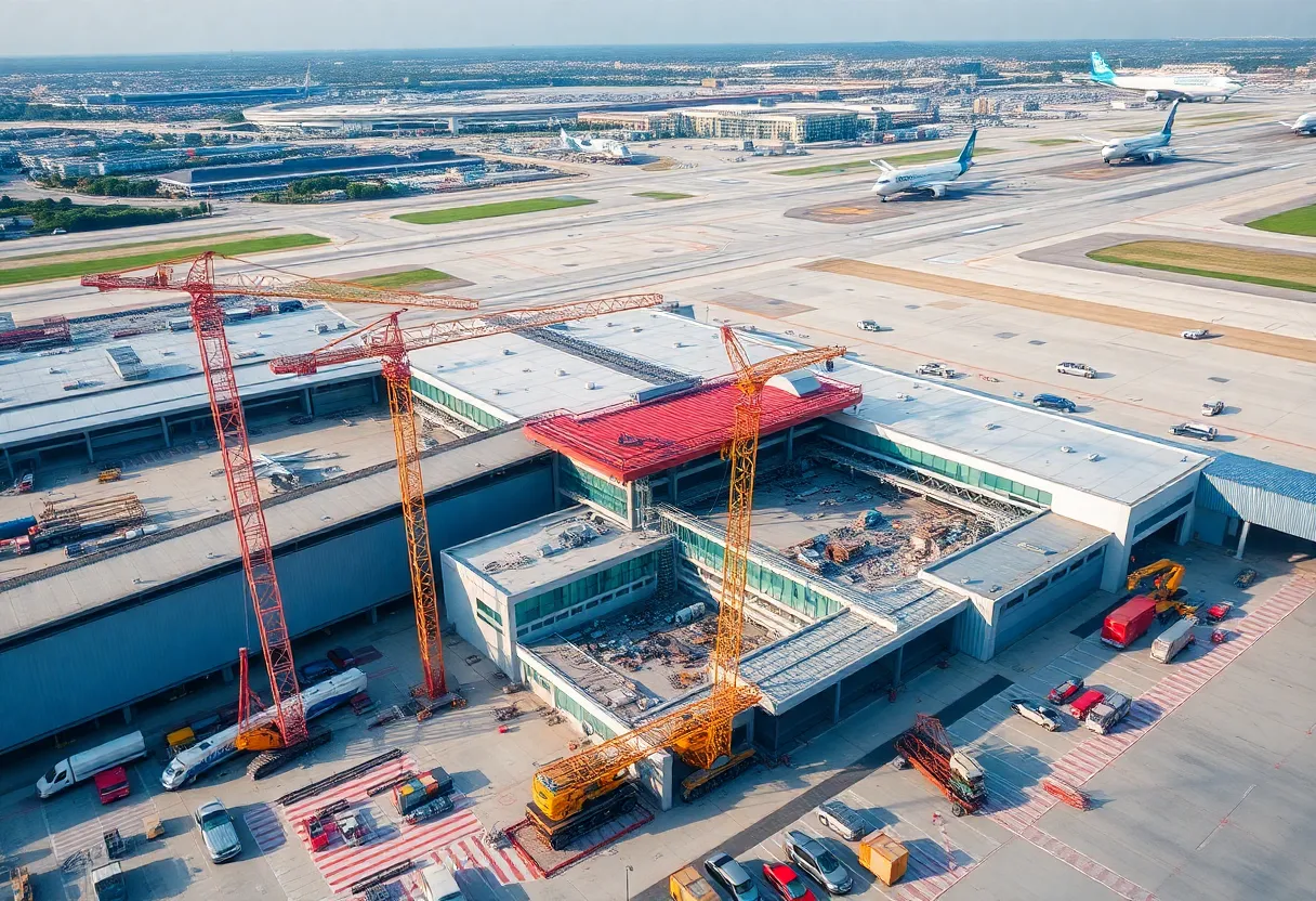 Construction site at Charlotte Douglas International Airport with cranes and heavy machinery