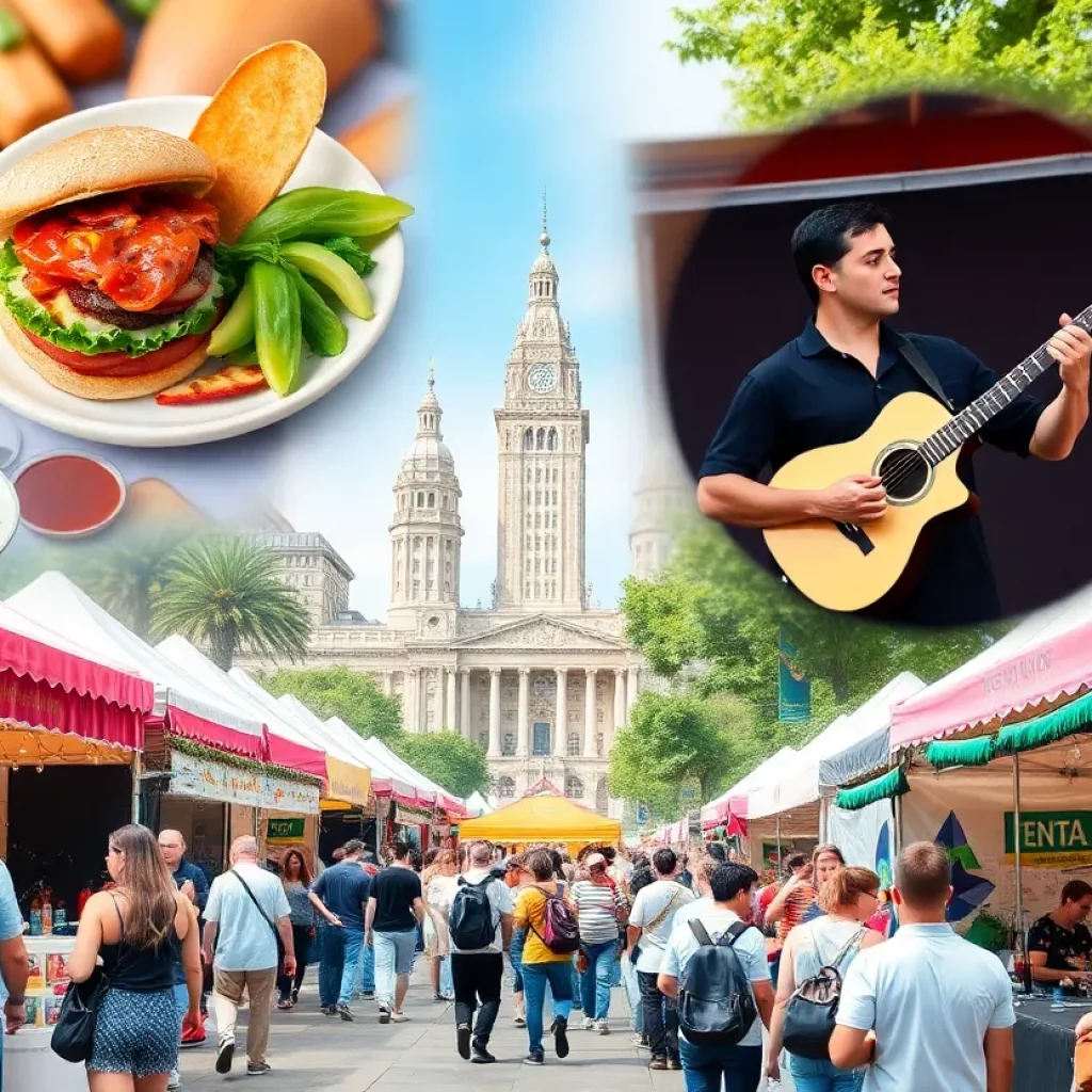 A vibrant scene representing various events in Charlotte, including food, art, and concerts.