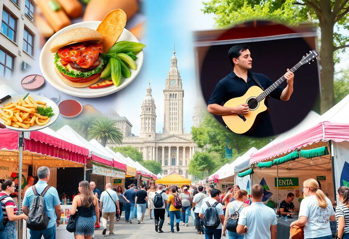 A vibrant scene representing various events in Charlotte, including food, art, and concerts.