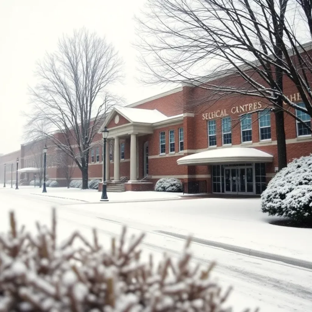 Snow-covered Charlotte school building