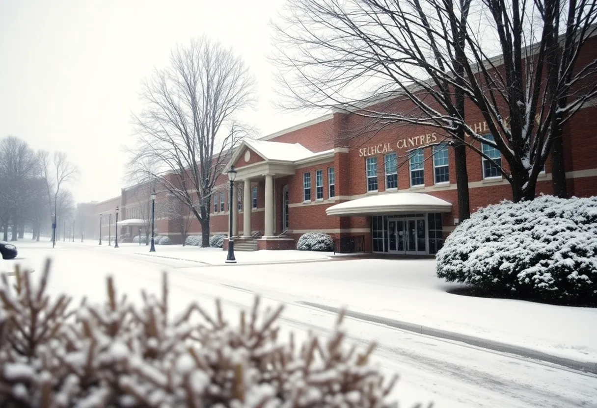 Snow-covered Charlotte school building