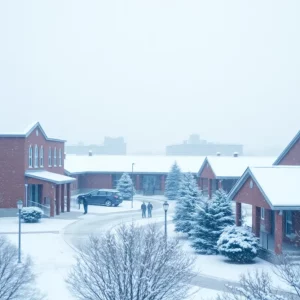 Snow-covered school buildings in Charlotte during a winter storm