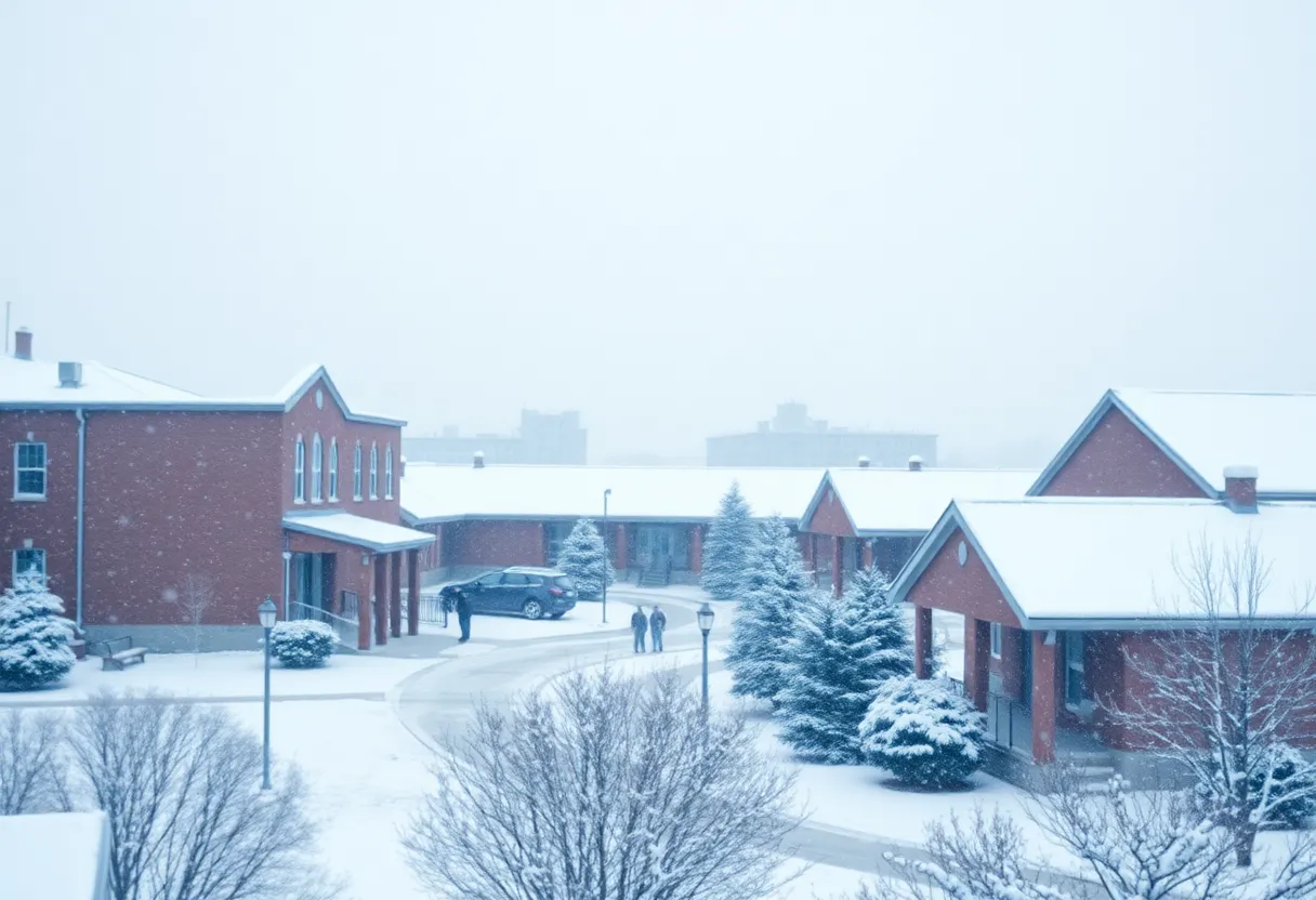 Snow-covered school buildings in Charlotte during a winter storm