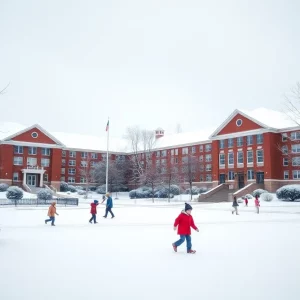 Snow-covered school in Charlotte during winter weather