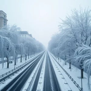 Snow-covered streets and icy trees in Charlotte during winter weather.