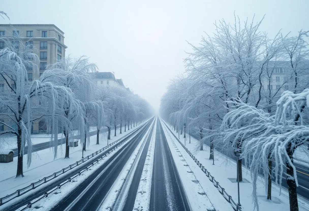 Snow-covered streets and icy trees in Charlotte during winter weather.