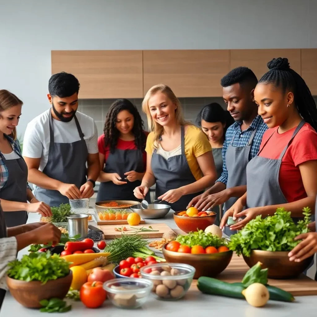 Participants enjoy cooking classes in a lively kitchen setting in Charlotte