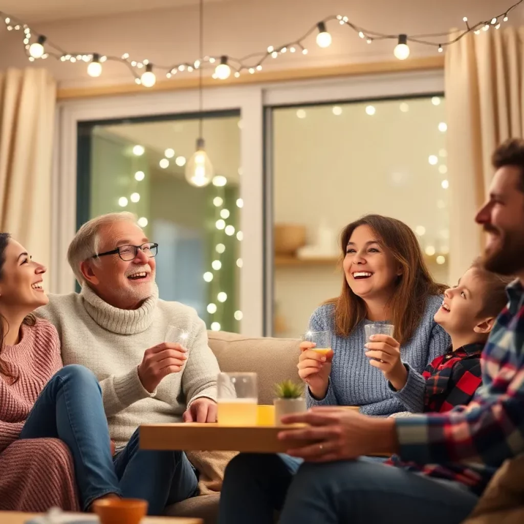 A family decorating their home with festive lights, celebrating savings on their electricity bills due to rate reductions.