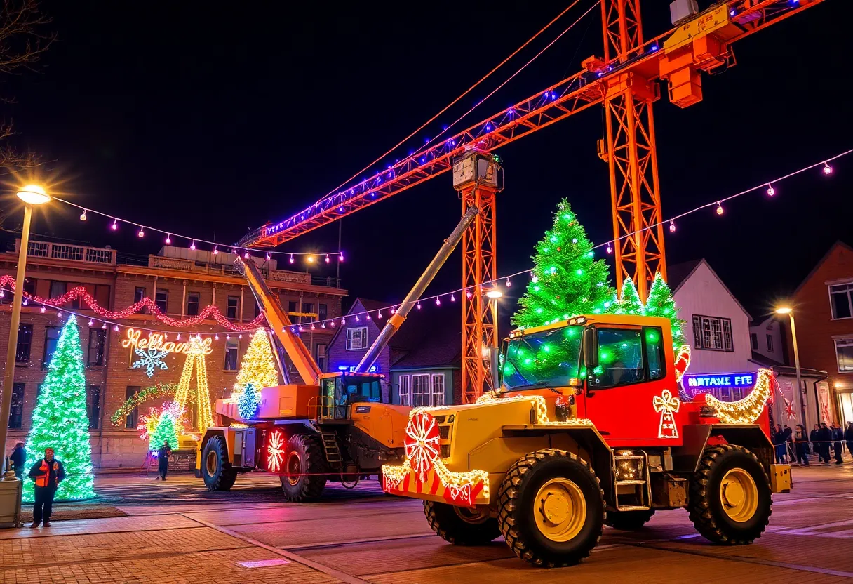 A construction site with holiday decorations including lights and festive machinery.