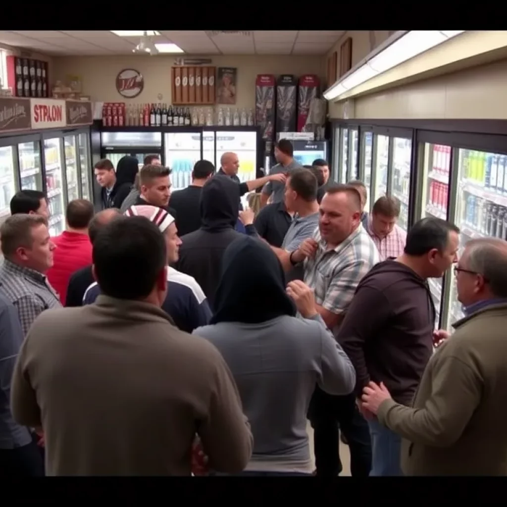 Scene of a liquor store heist with employees confronting a robber.