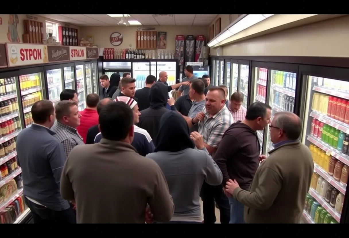 Scene of a liquor store heist with employees confronting a robber.