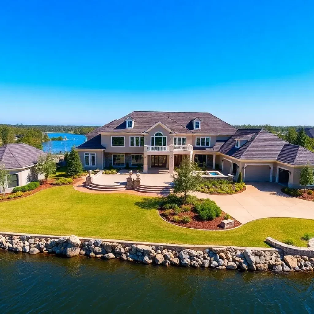 A luxurious home on Lake Wylie waterfront with beautiful landscaping.