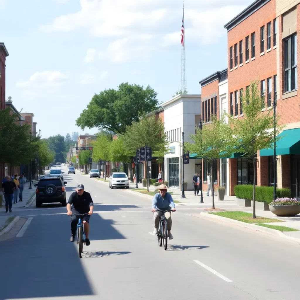 Pedestrians and cyclists enjoying the newly designed downtown street in Matthews, NC.