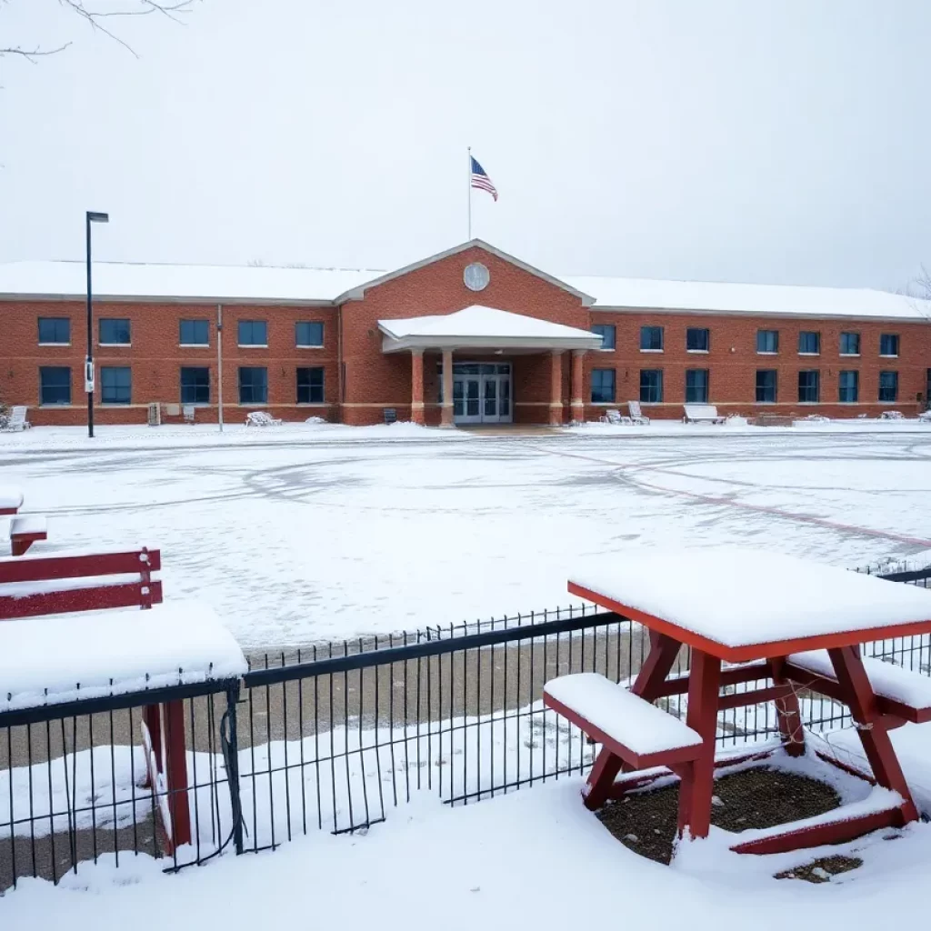 Snow-covered school building affected by winter weather in North Carolina