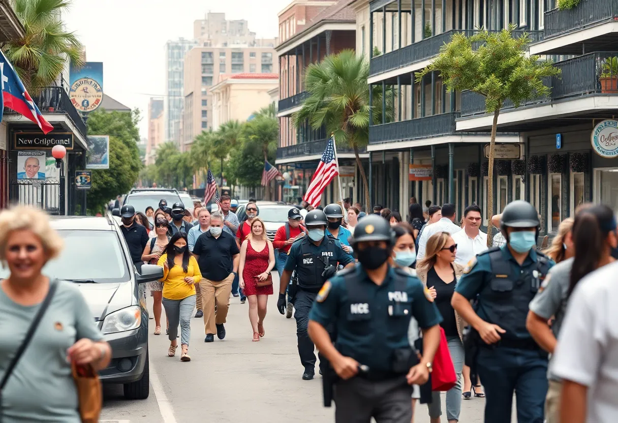 Vibrant street view of New Orleans with security presence