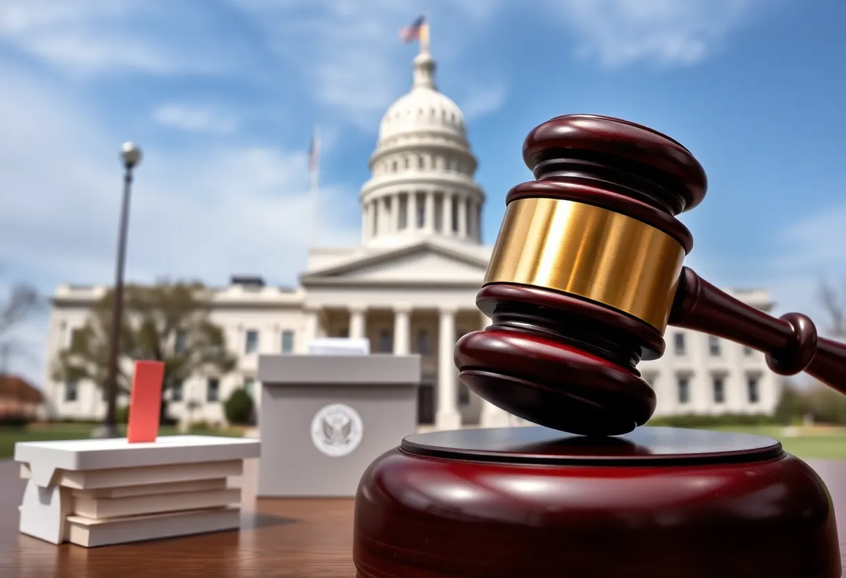 Illustration of gavel and ballot boxes representing election integrity in North Carolina.