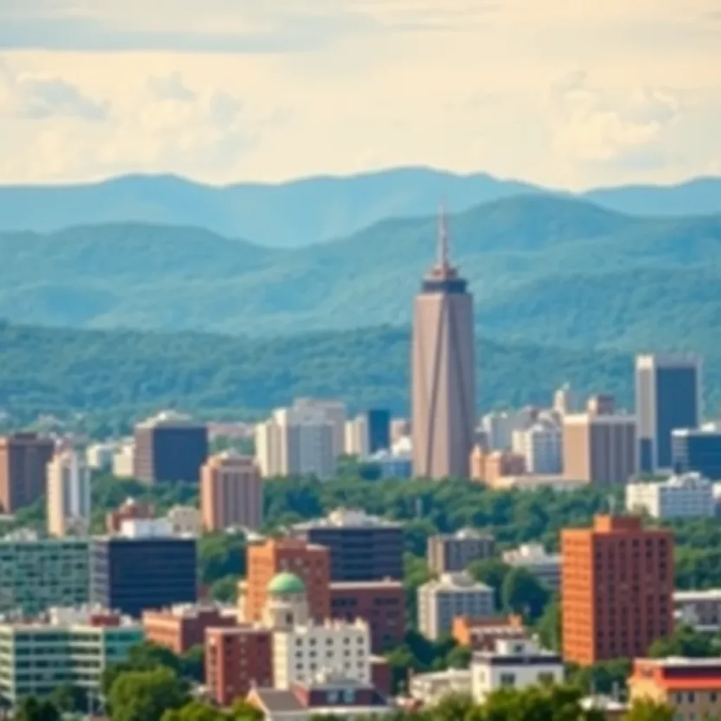 Vibrant skyline of a North Carolina city with mountains in the background