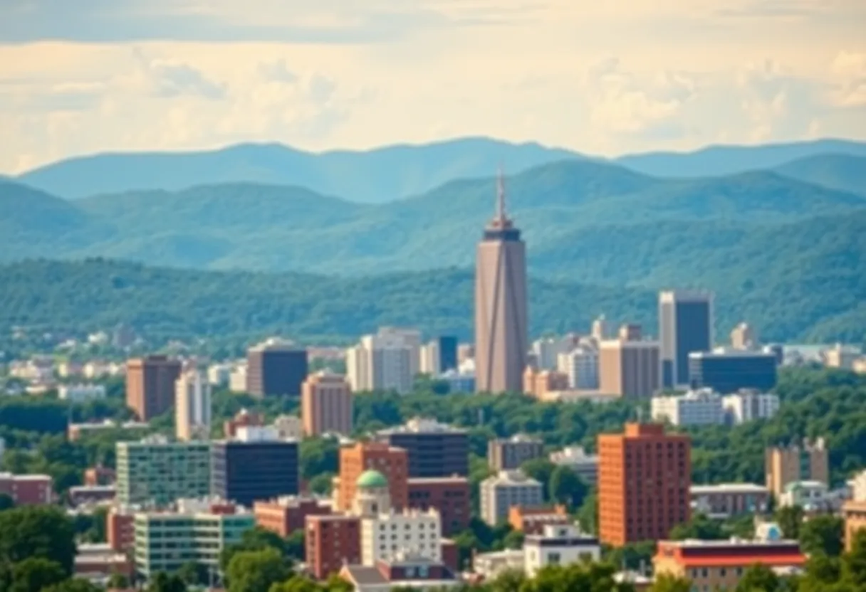 Vibrant skyline of a North Carolina city with mountains in the background