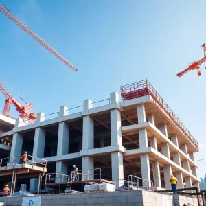 NSC workers assembling precast concrete connections at a construction site