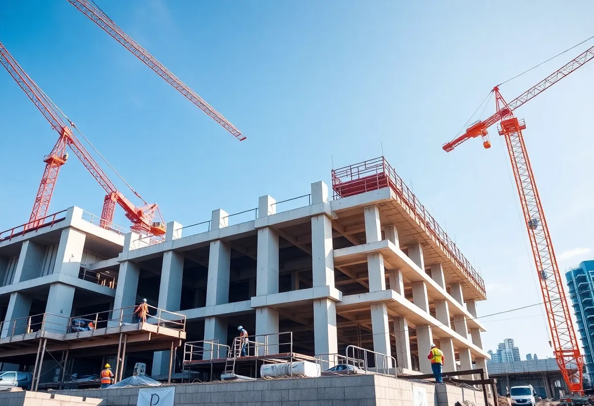 NSC workers assembling precast concrete connections at a construction site