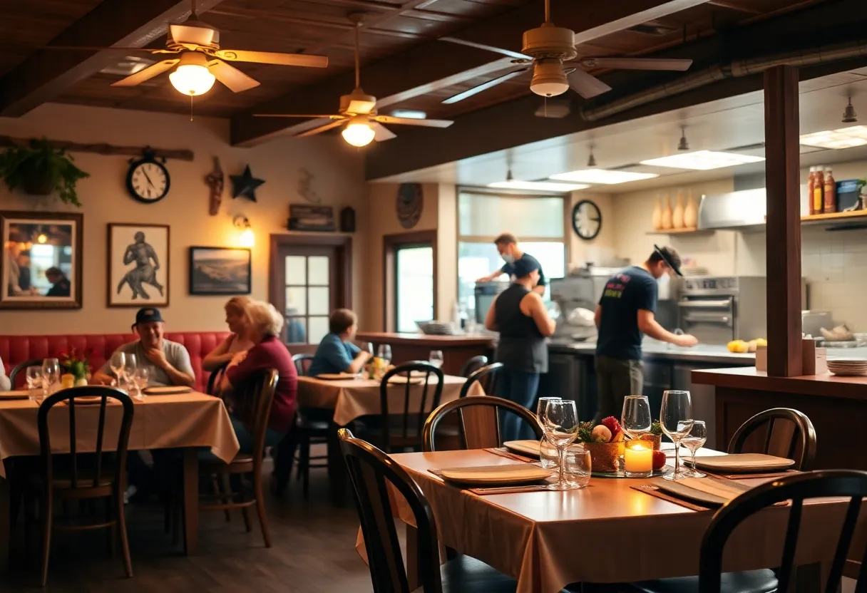 Cozy restaurant table with staff engaged in conversation