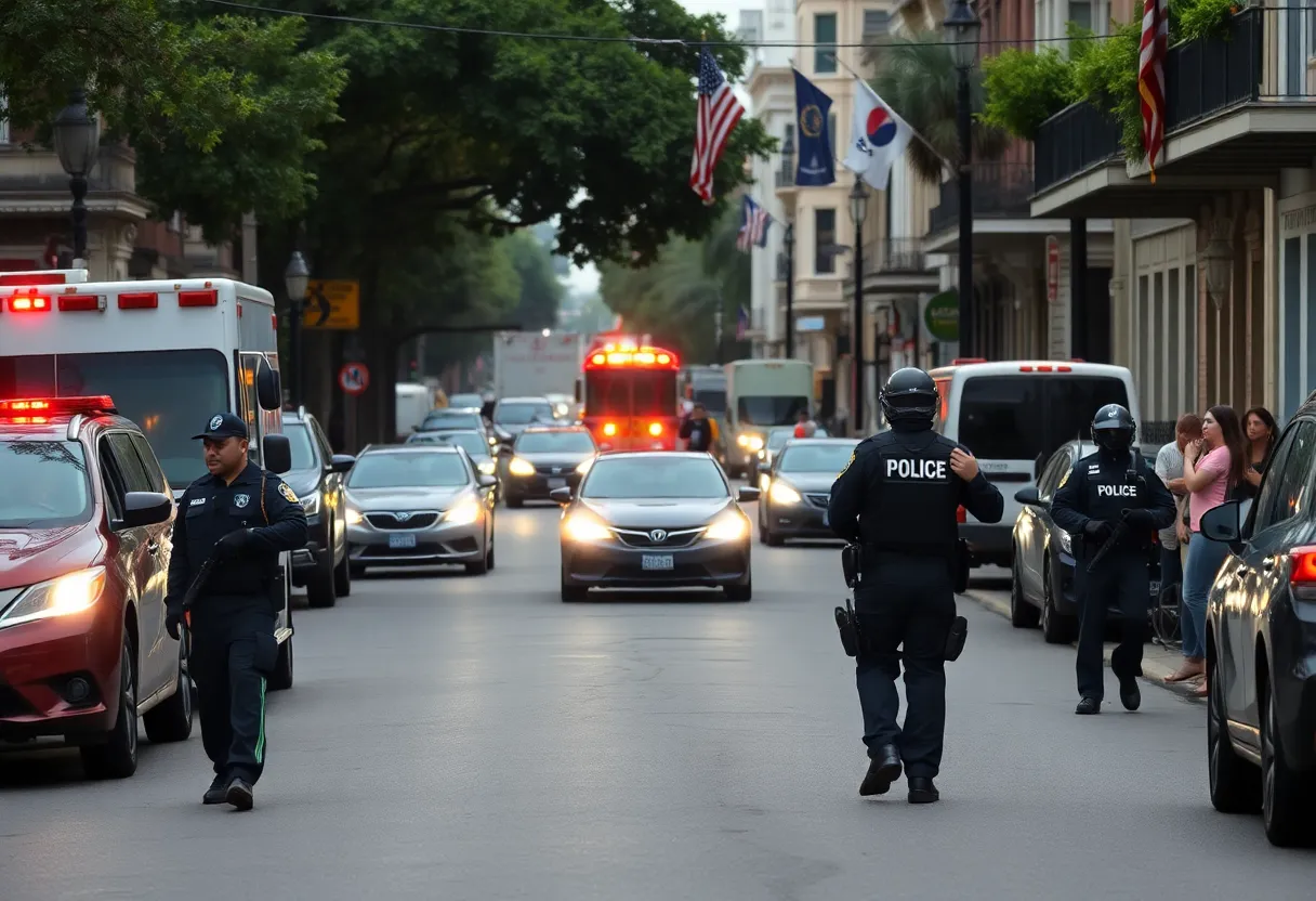 New Orleans street scene highlighting community resilience and security measures after the Sugar Bowl postponement